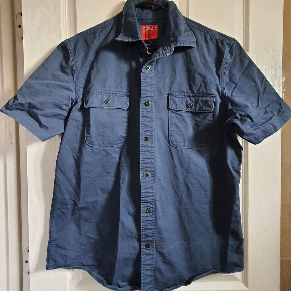 VTG 80s Big Mac JC Penney Mens Large Shirt Short Sleeve Button-Up Workwear Blue
